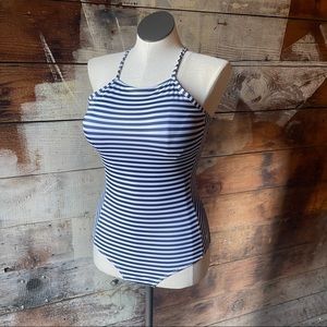 Albion Navy & White Striped One Piece Swimsuit Size Large with Corset Back
